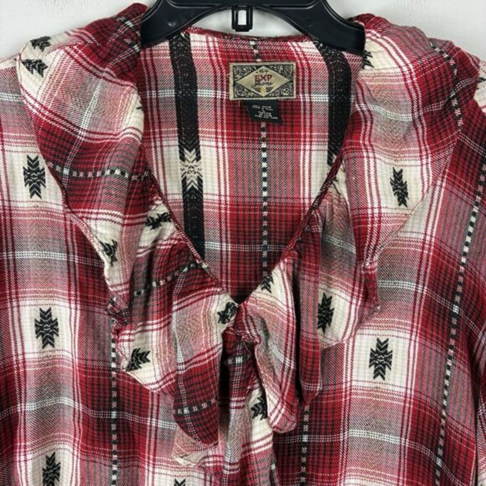 Vintage‎ Cabin Western Southwestern Red Rodeo Womens Top Sz L Ruffle Long Sleeve - Picture 2 of 7